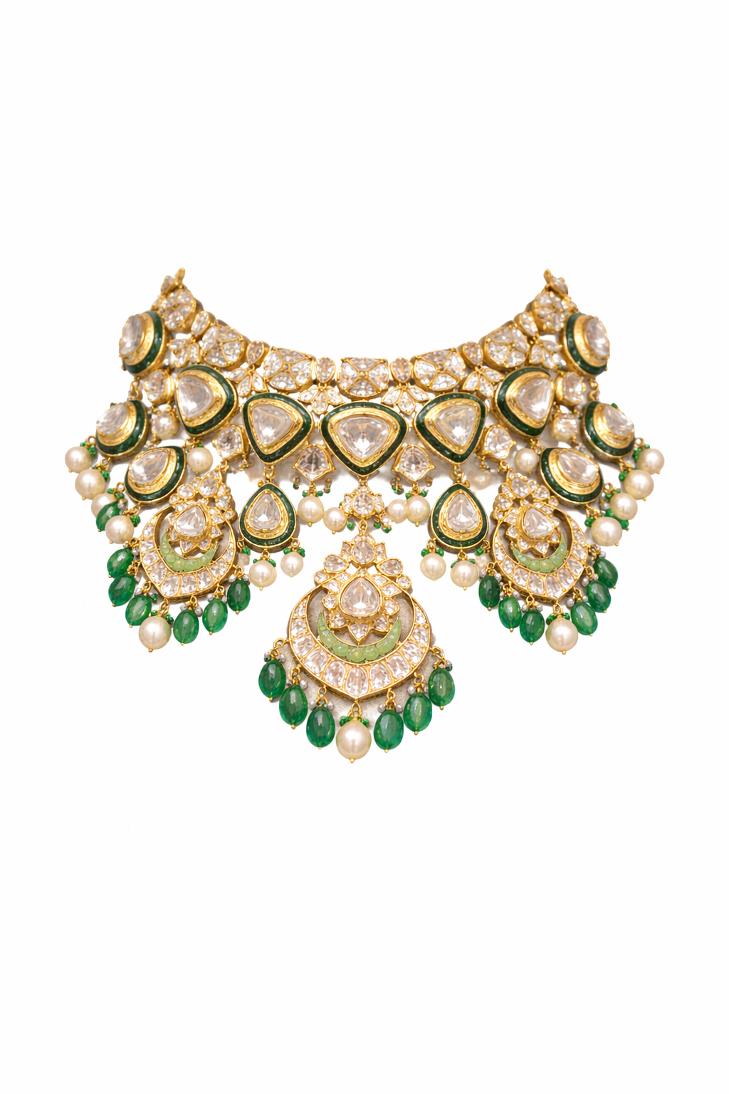Royal Polki Kundan Bridal Necklace with Emerald Drops & Pearl Accents