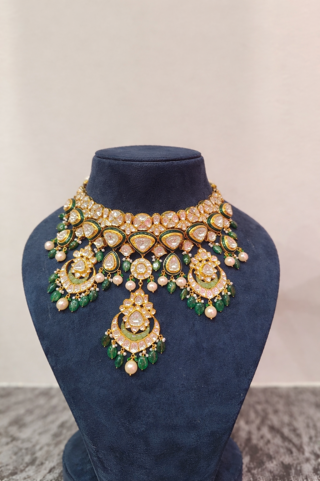 Royal Polki Kundan Bridal Necklace with Emerald Drops & Pearl Accents