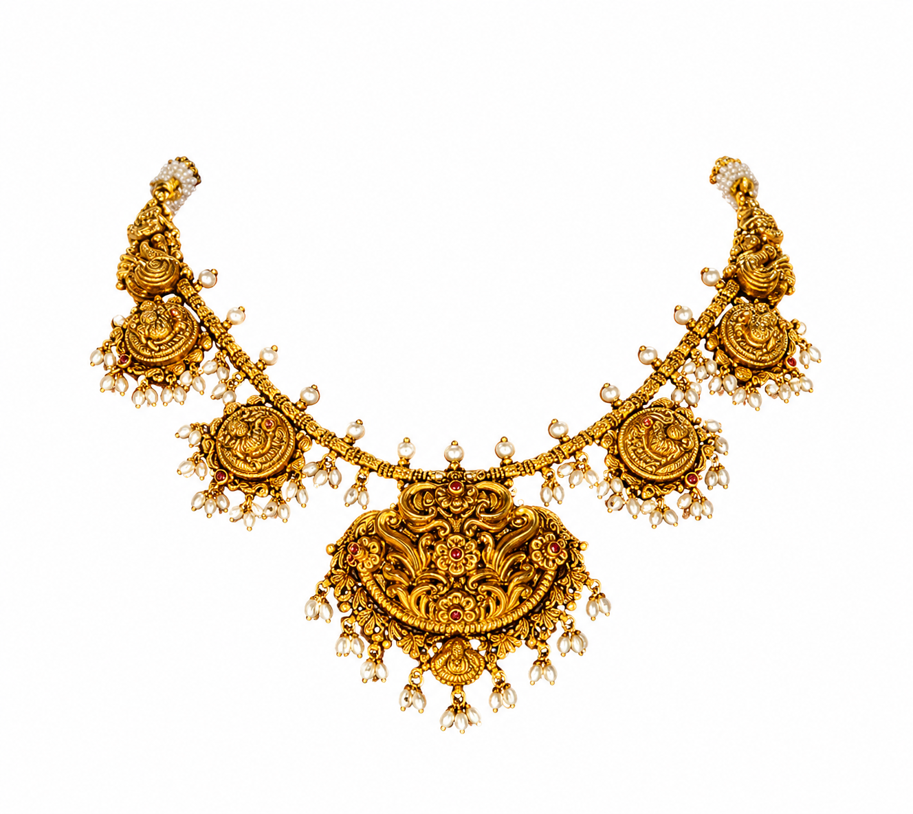 Royal Antique Temple Gold Necklace with Pearl Drops – Heritage Bridal Jewellery