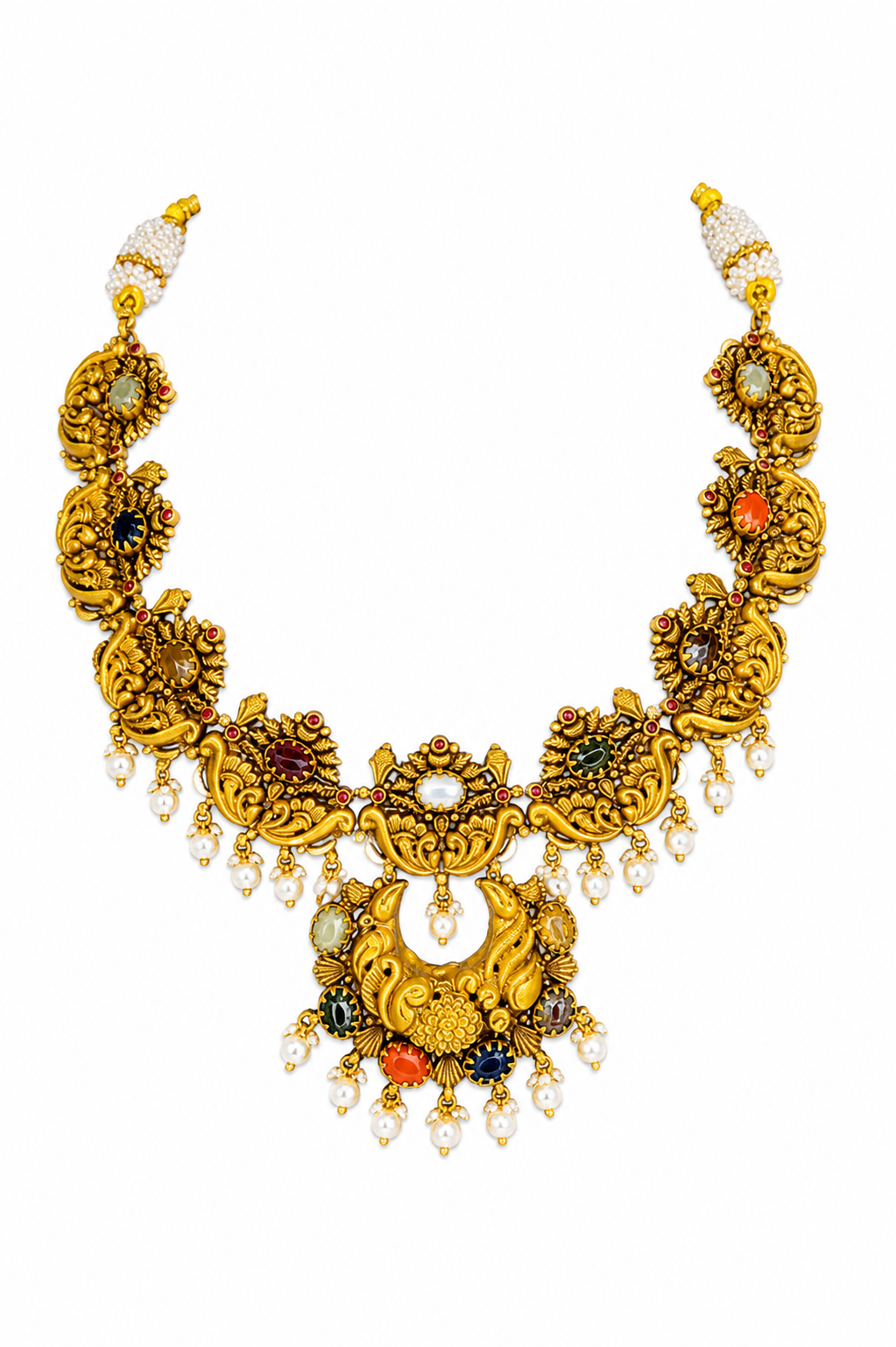 Navratna Peacock Temple Gold Necklace with Pearl Drops – Royal Bridal Heritage Jewellery