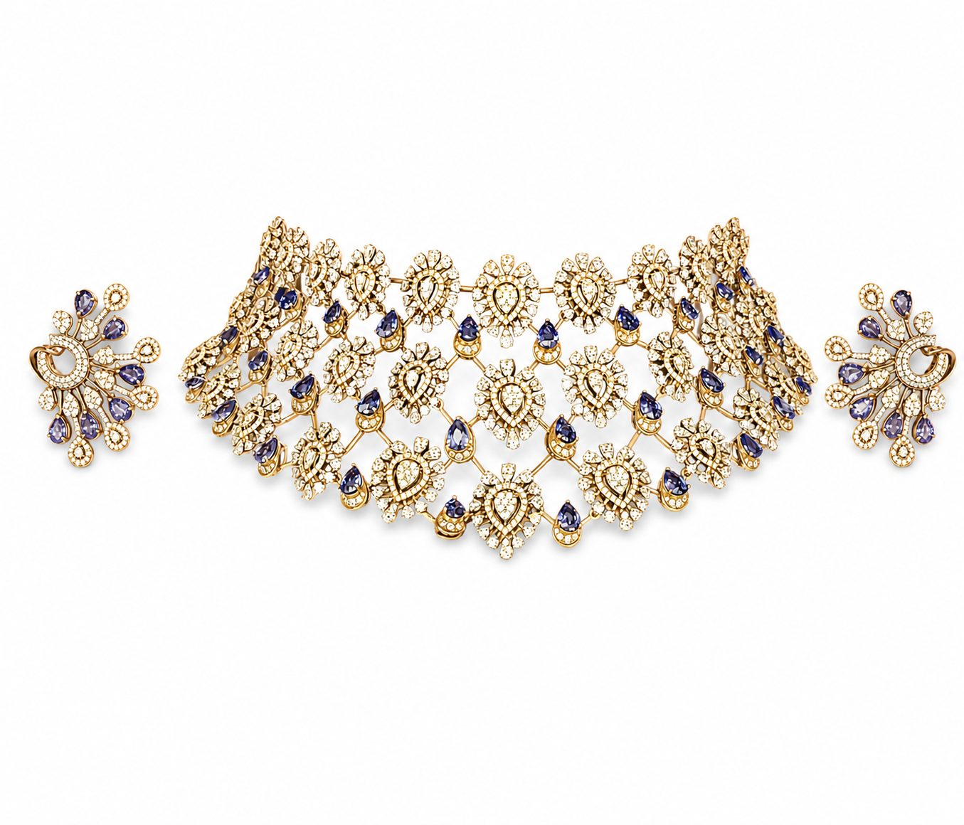 Royal Floral Diamond Choker Set with Sapphire Drop Accents