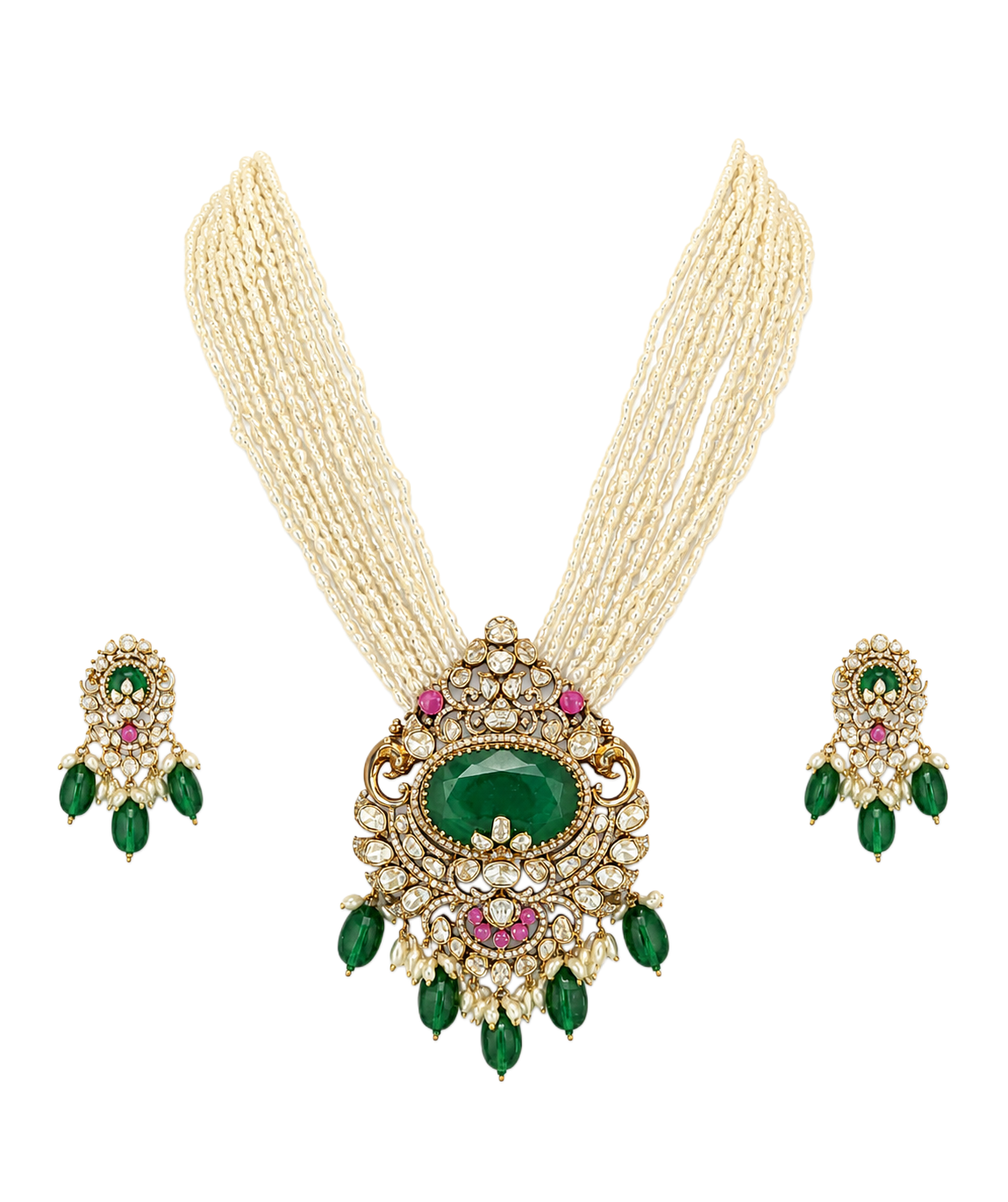 Royal Emerald Polki Pearl Necklace Set