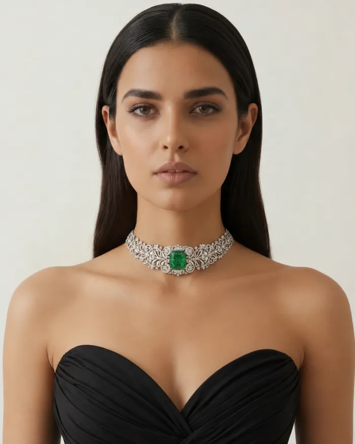 Modern rosecut diamond choker with changeable centre stone – worn