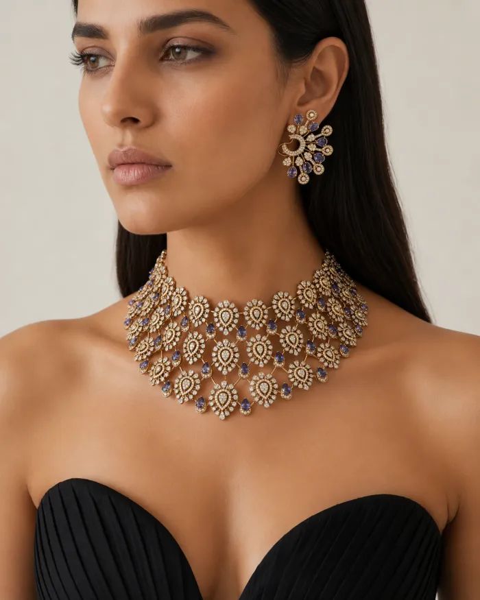Royal Floral Diamond Choker Set with Sapphire Drop Accents – worn