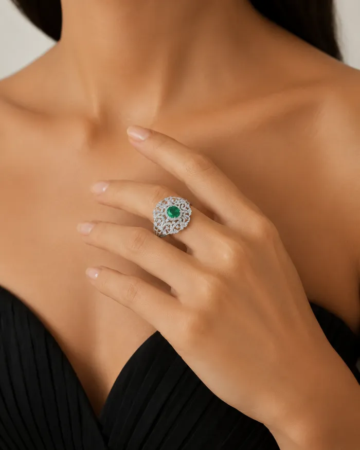 Emerald Diamond Halo Ring – Sculpted Vintage Luxury Design – worn