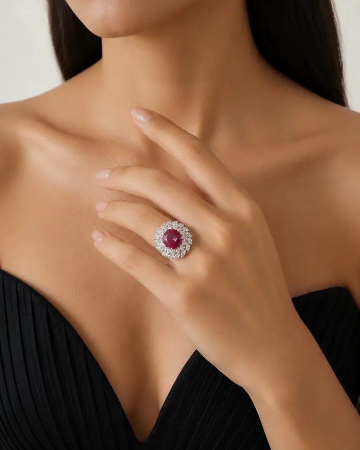 Ruby Center Diamond Halo Ring – worn