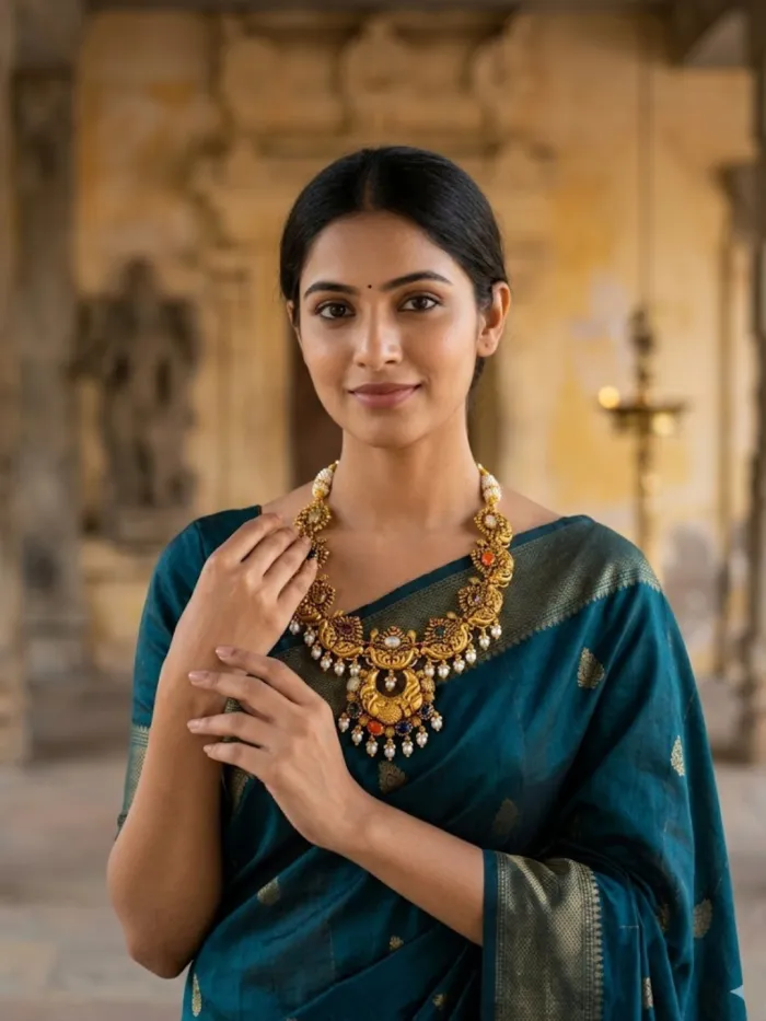 Navratna Peacock Temple Gold Necklace with Pearl Drops – Royal Bridal Heritage Jewellery – worn