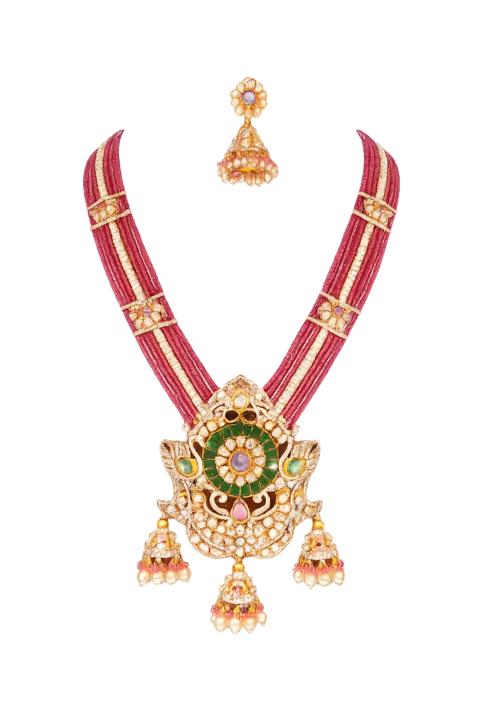 Royal Polki Heritage Necklace Set – Kundan & Ruby Beaded Bridal Statement