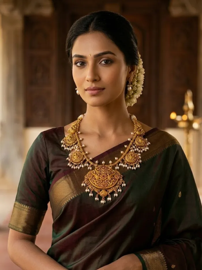 Royal Antique Temple Gold Necklace with Pearl Drops – Heritage Bridal Jewellery – worn