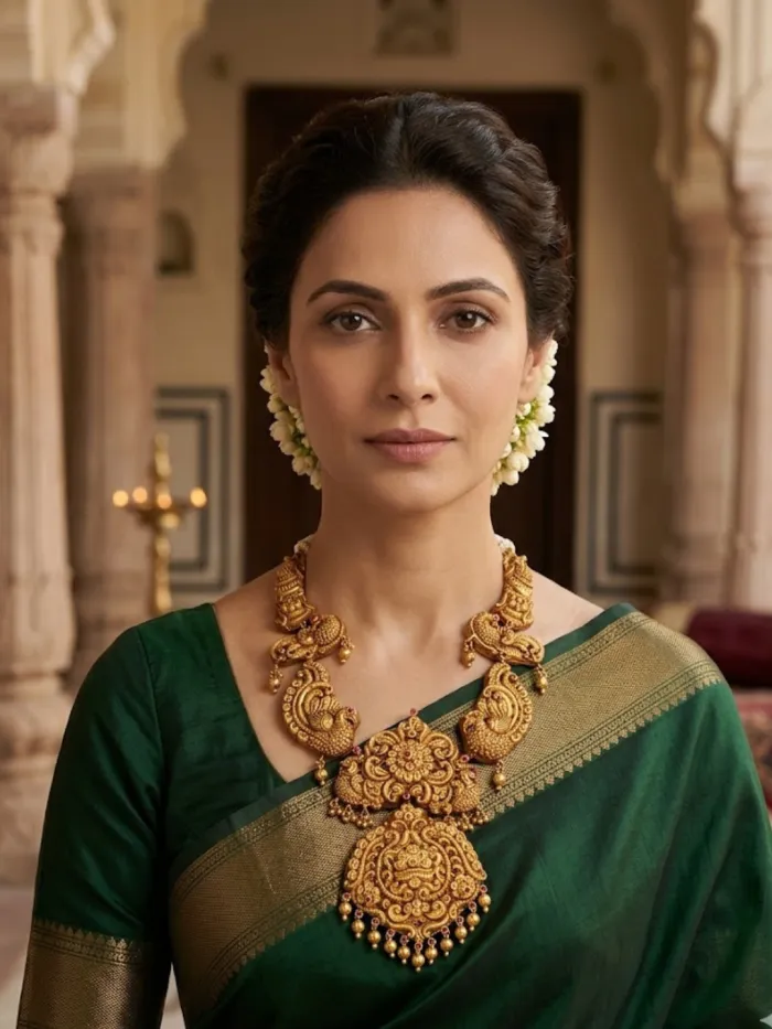 Majestic Peacock Temple Gold Necklace – Royal Heritage Bridal Jewellery – worn