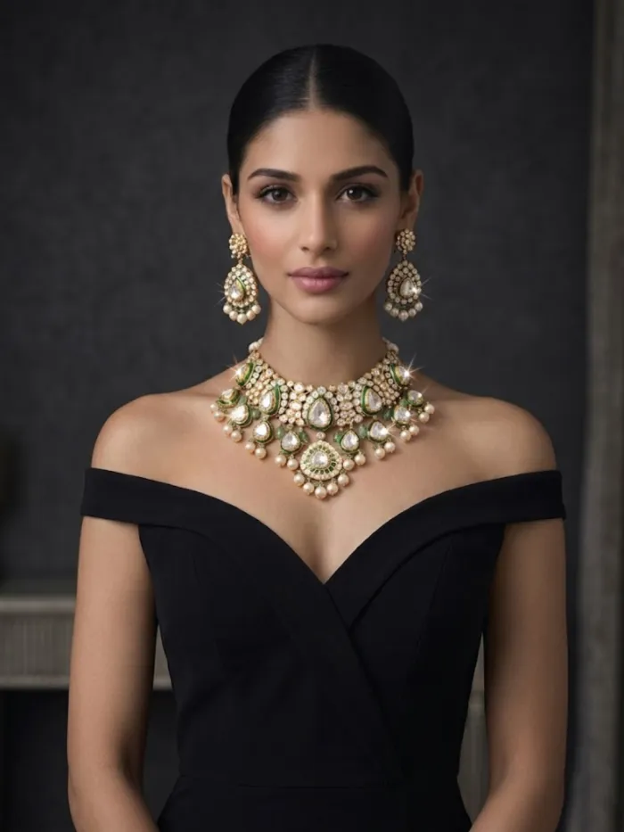 Emerald Polki Diamond Necklace Set – worn