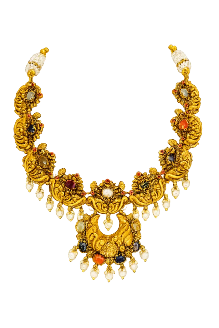 Navratna Peacock Temple Gold Necklace with Pearl Drops – Royal Bridal Heritage Jewellery