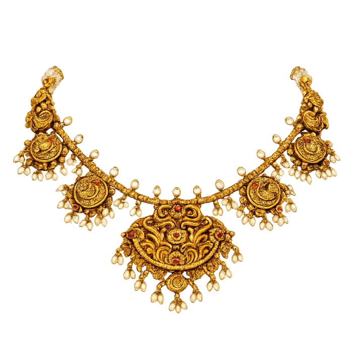 Royal Antique Temple Gold Necklace with Pearl Drops – Heritage Bridal Jewellery