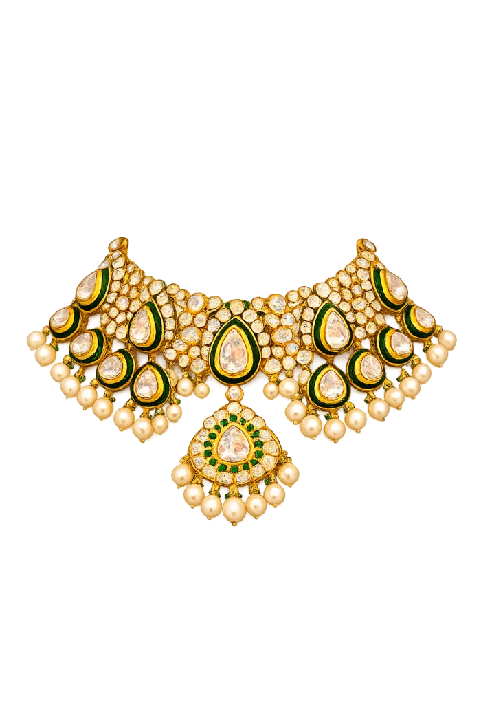Emerald Polki Diamond Necklace Set